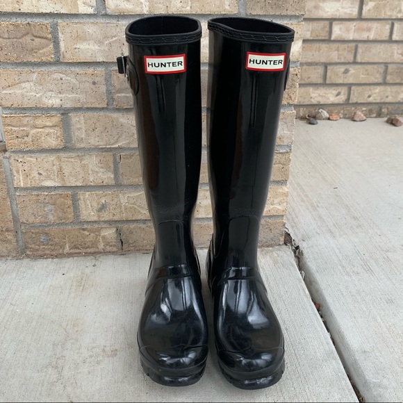 Black Gloss Hunter Rain Boots - Picture 1 of 7